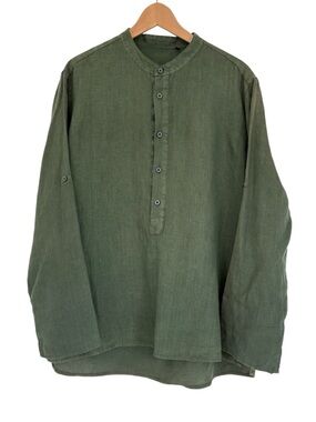 100% Linen Button Front Tunic Top Green Roll-Tab Sleeve Oversized